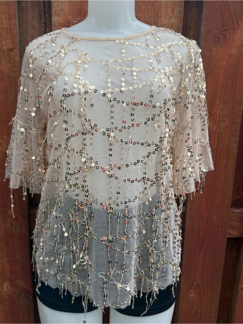 Alytheea Gold Sequin Fringe Mesh Sheer Overlay Blouse Top Size Small S